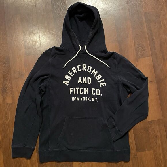 Abercrombie Fitch Muscle Hoodie Mens L Embroidered New York Y2K Distressed Blue - Picture 1 of 5
